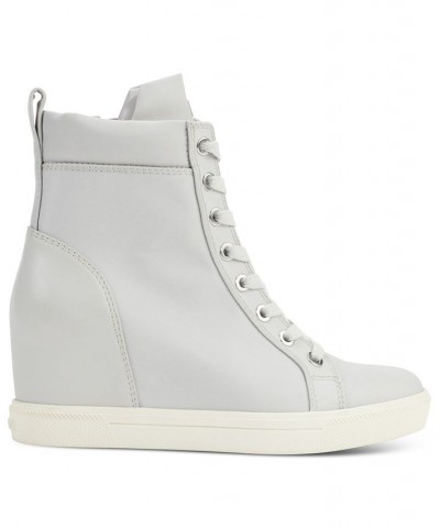 Women's Calz Lace-Up High-Top Wedge Sneakers Gray $73.14 Shoes