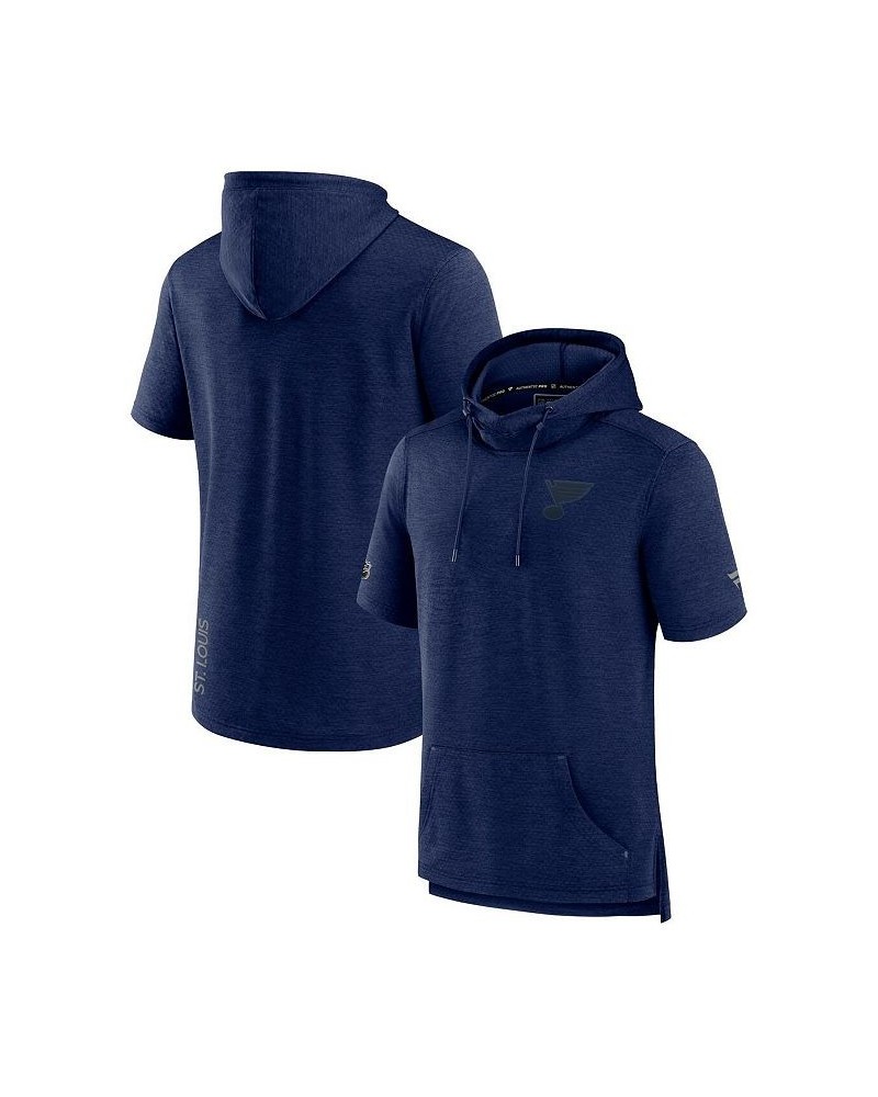 Men's Branded Heather Navy St. Louis Blues Authentic Pro Road Performance Short Sleeve Pullover Hoodie $46.74 Sweatshirt