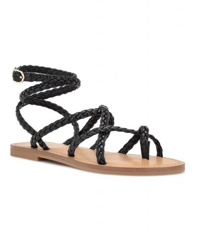 Women's Coralin Toe Ring Strappy Flat Sandals Black $34.76 Shoes