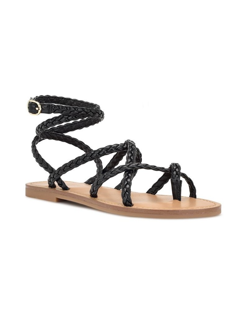 Women's Coralin Toe Ring Strappy Flat Sandals Black $34.76 Shoes