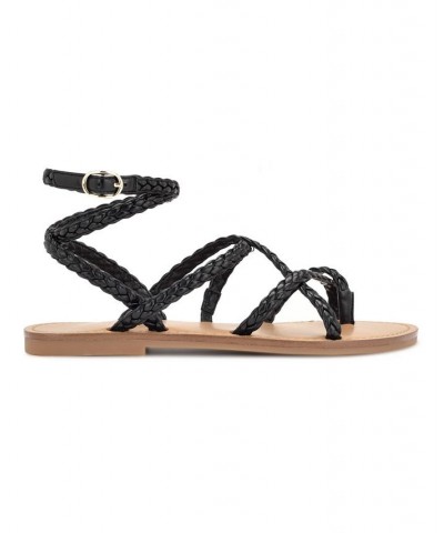 Women's Coralin Toe Ring Strappy Flat Sandals Black $34.76 Shoes