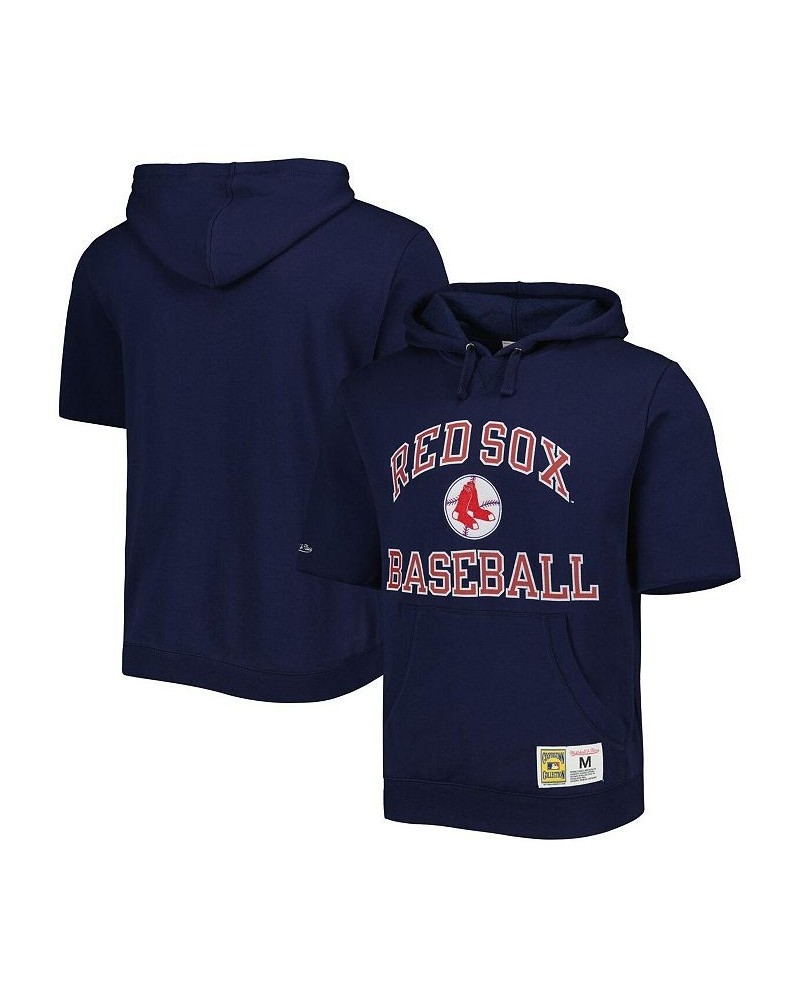 Men's Navy Boston Red Sox Cooperstown Collection Washed Fleece Pullover Short Sleeve Hoodie $48.44 Sweatshirt