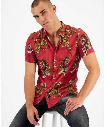 Men's Tiger Bamboo Printed Button-Down Shirt Purple $34.40 Shirts