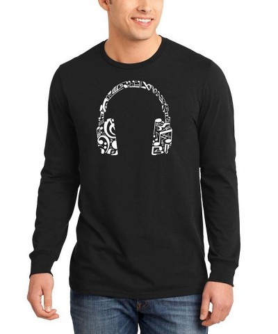 Men's Music Note Headphones Word Art Long Sleeve T-shirt Black $18.80 T-Shirts