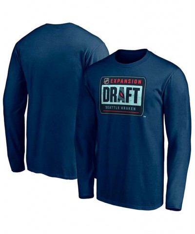 Men's Navy Seattle Kraken 2021 NHL Expansion Draft Logo Long Sleeve T-shirt $17.33 T-Shirts