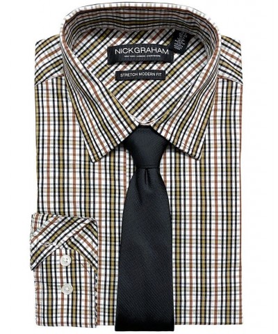 Men's Stretch Plaid Dress Shirt & Tonal Chevron Tie Set Brown $19.63 Dress Shirts