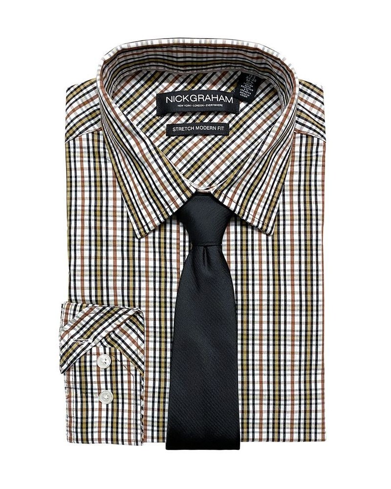 Men's Stretch Plaid Dress Shirt & Tonal Chevron Tie Set Brown $19.63 Dress Shirts