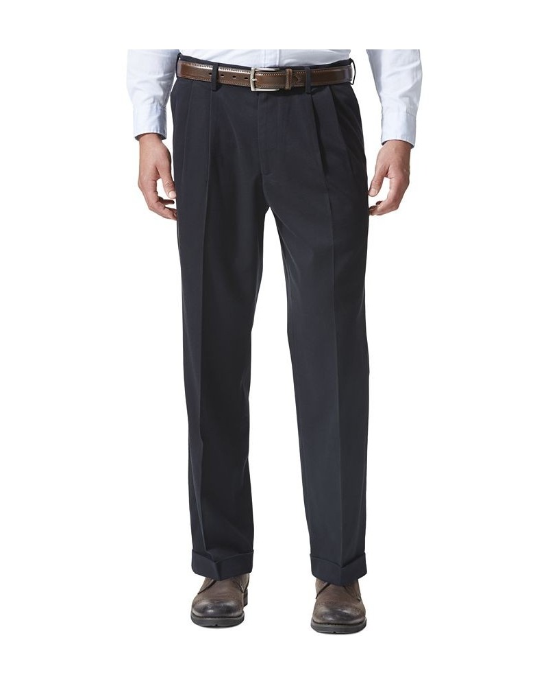 Men's Comfort Relaxed Pleated Cuffed Fit Khaki Stretch Pants Blue $33.59 Pants