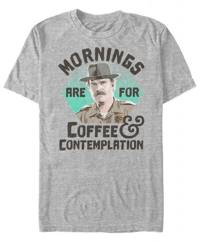 Men's Stranger Things Hopper Coffee Morning Short Sleeve T-shirt Gray $19.94 T-Shirts