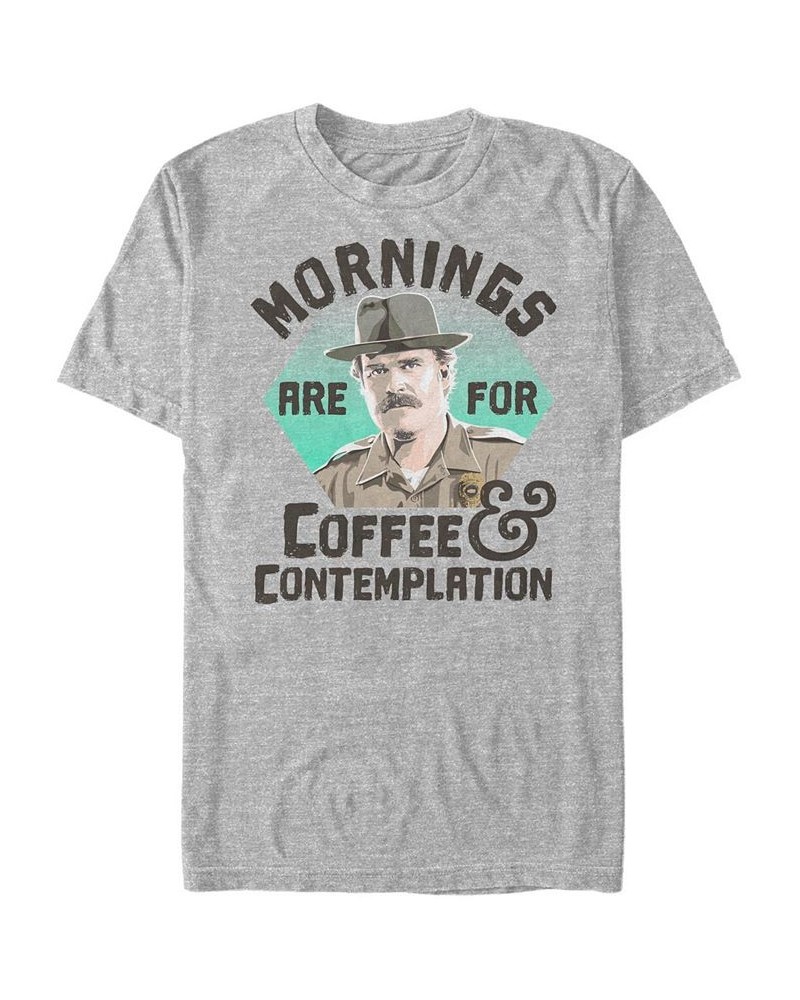 Men's Stranger Things Hopper Coffee Morning Short Sleeve T-shirt Gray $19.94 T-Shirts