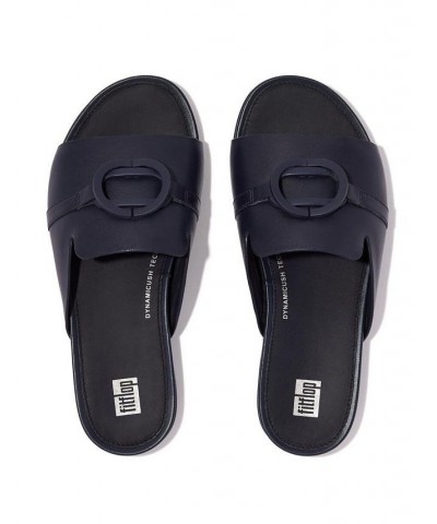 Women's Gracie Rubber Circlet Leather Slides Sandal Blue $56.40 Shoes