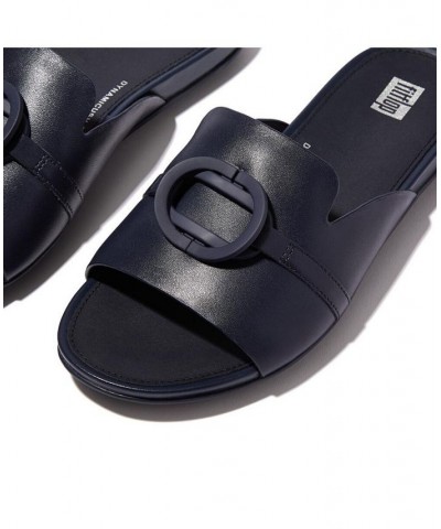 Women's Gracie Rubber Circlet Leather Slides Sandal Blue $56.40 Shoes