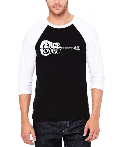 Men's Raglan Sleeves Peace Love Country Baseball Word Art T-shirt Black, White $18.00 Shirts