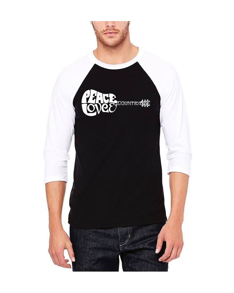 Men's Raglan Sleeves Peace Love Country Baseball Word Art T-shirt Black, White $18.00 Shirts