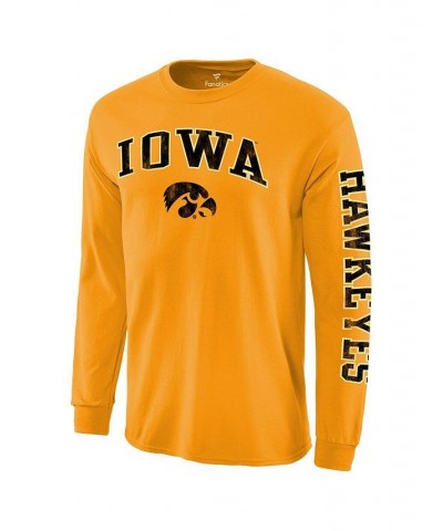 Men's Gold Iowa Hawkeyes Distressed Arch Over Logo Long Sleeve Hit T-shirt $13.12 T-Shirts