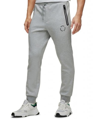 BOSS Men's Cotton-Blend Tracksuit Bottoms with Raised Circular Branding Gray $78.96 Pants